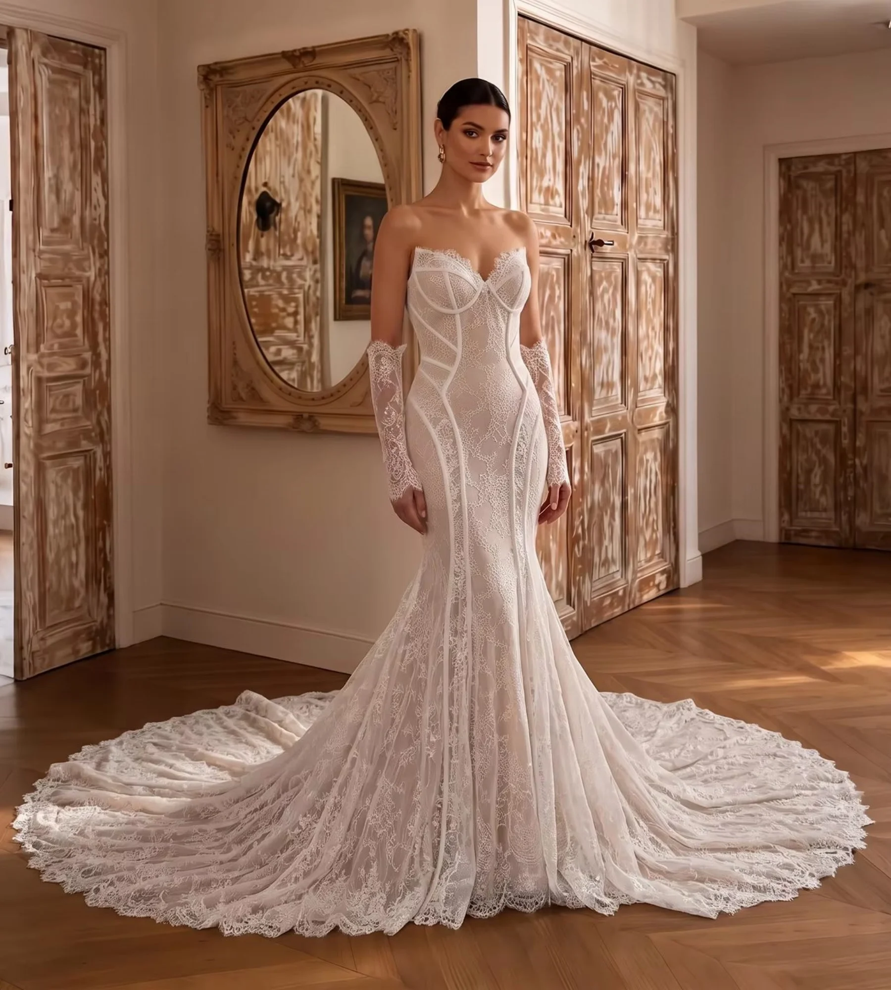 Customized  High Quality Vintage Mermaid Tulle Wedding Dress Luxury Long Sleeve Sweetheart Bridal Gowns Vestido De Novia
