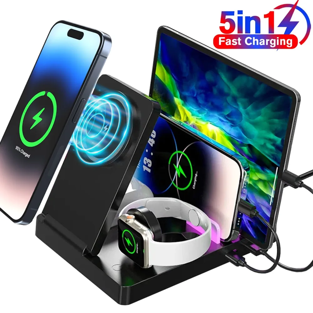 

Двухпортовая магнитная беспроводная зарядная станция 5 в 1, зарядка через USB PD для iPhone 16 15 14 13 12 Pro Max Apple Watch 9 Airpods Pro 3