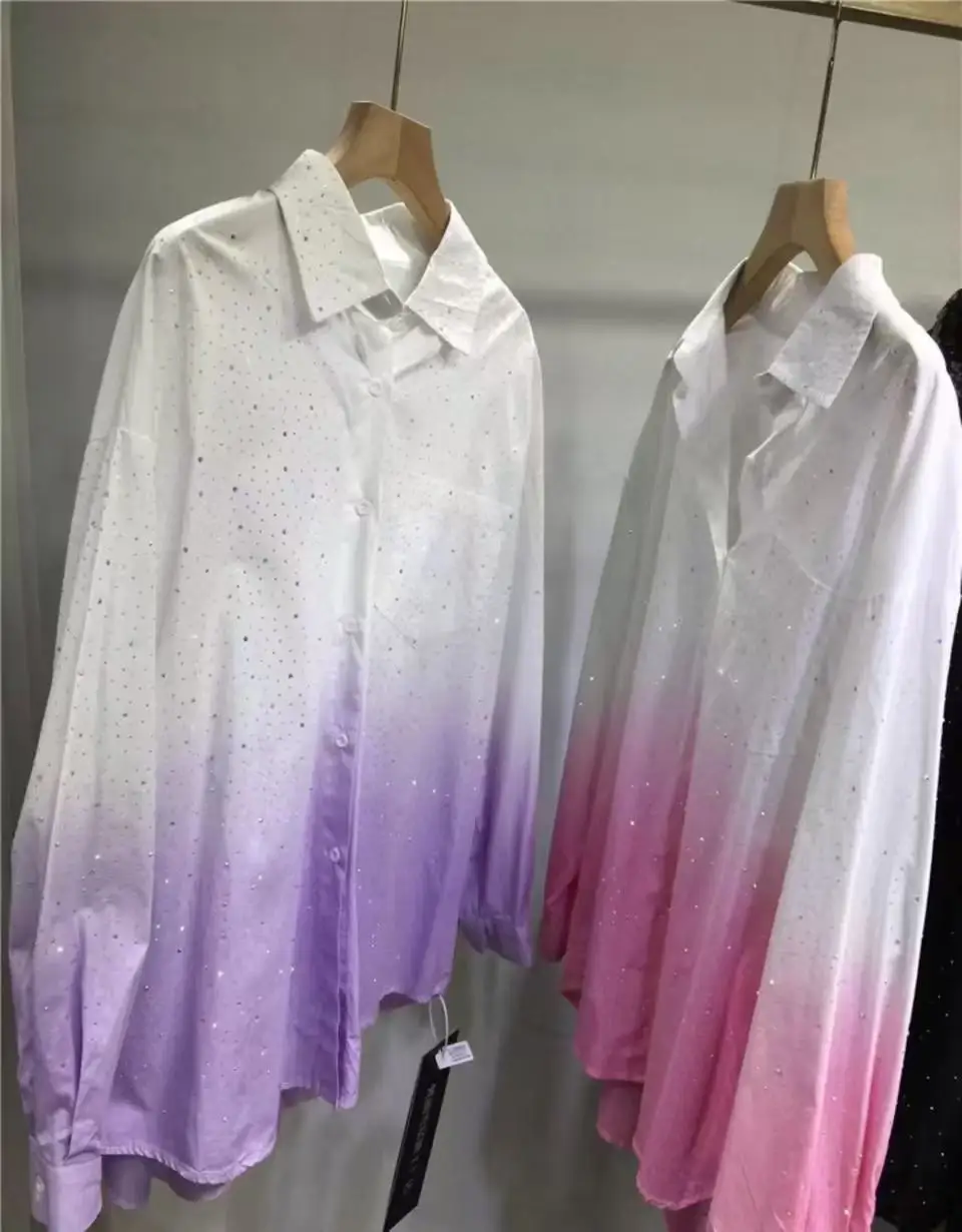 Heavy Diamonds Hot Drilling Tie-Dyed Gradient Color Shirt for Women 2025 Sprng Summer Thin Shirt Cardigan Sun Protection Clothes