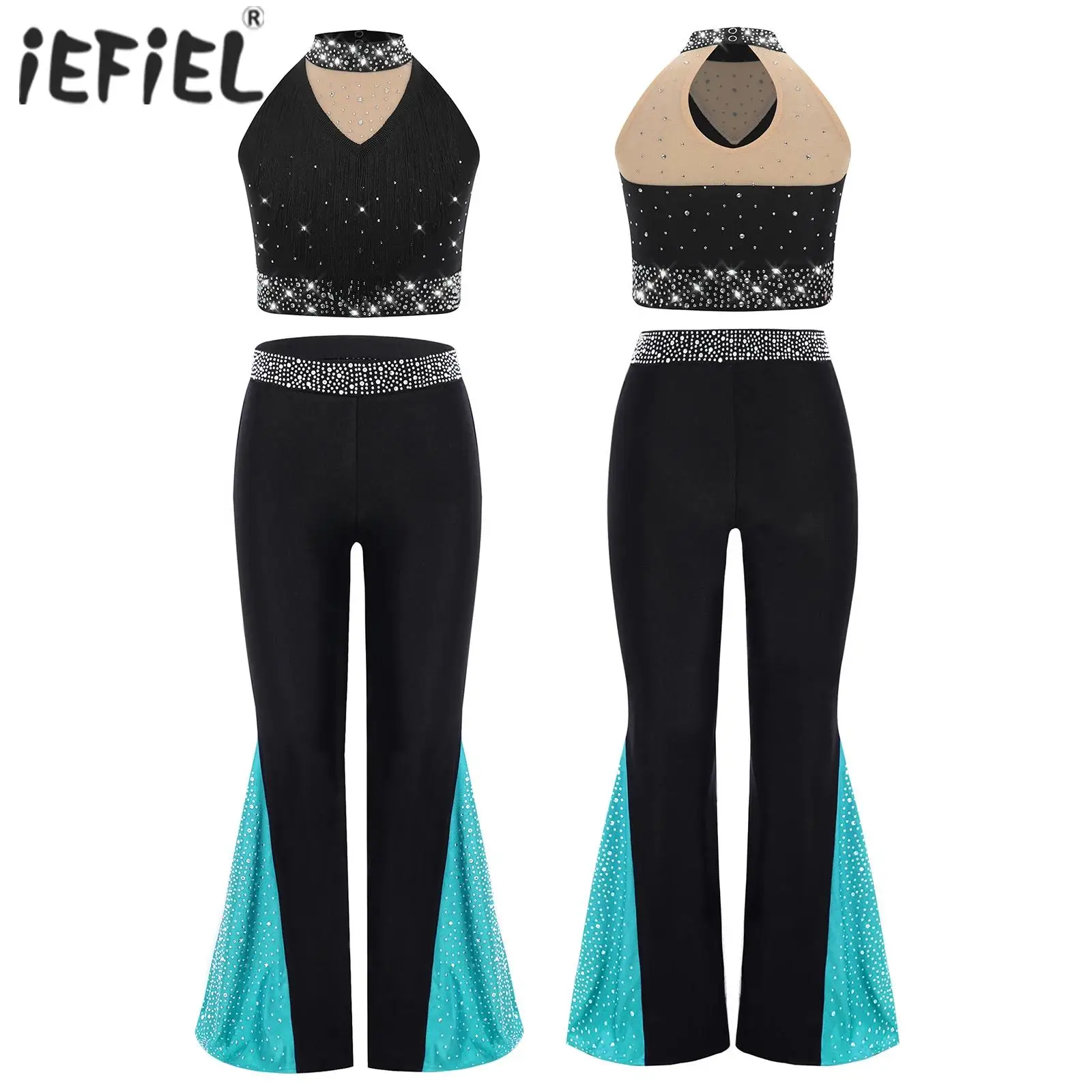 Kinderen Meisjes Latin Jazz Dans Sets Kunstschaatsen Prestaties Kostuum Strass Keyhole Back Crop Top met Bell-Bottom Broek