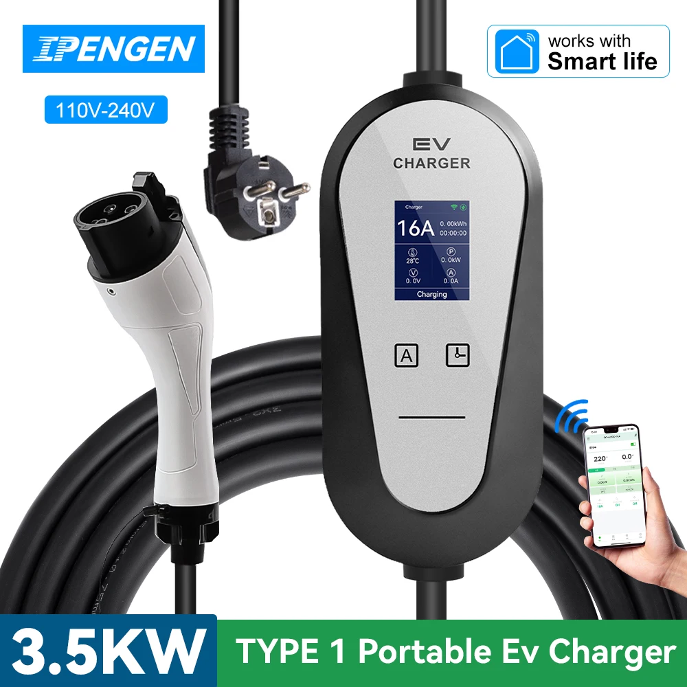 IPENGEN Portable Type1 EV Charger 3.5KW EVSE Fast Charging SAE J1772 Wallbox WiFi APP Wireless Control 16A Electric Vehicle