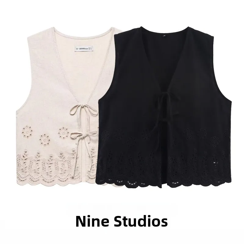 NINE ZAR – gilet brodé en lin mixte ajouré pour femme, haut ceinturé, 638044, pour les déplacements, Sle V-Ne, longueur régulière, détail de ceinture