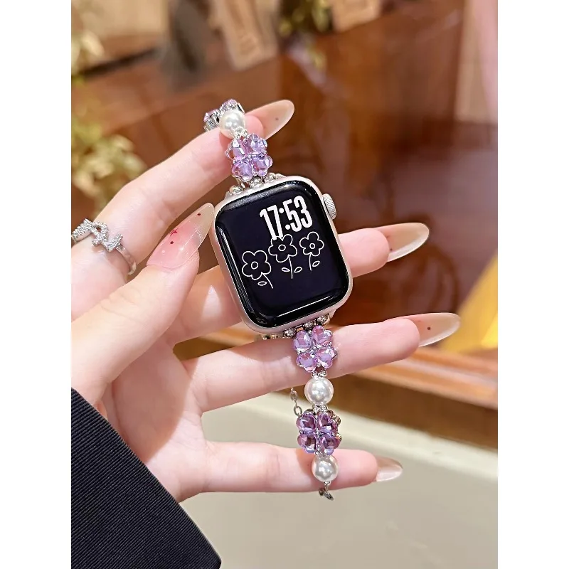 Crystal Flower Pearl Strap for Apple Watch 11 10 9 8 7 6 Rhinestone Bracelet for IWatch Band 38 40 41 42 44 45 46 49mm Wristband