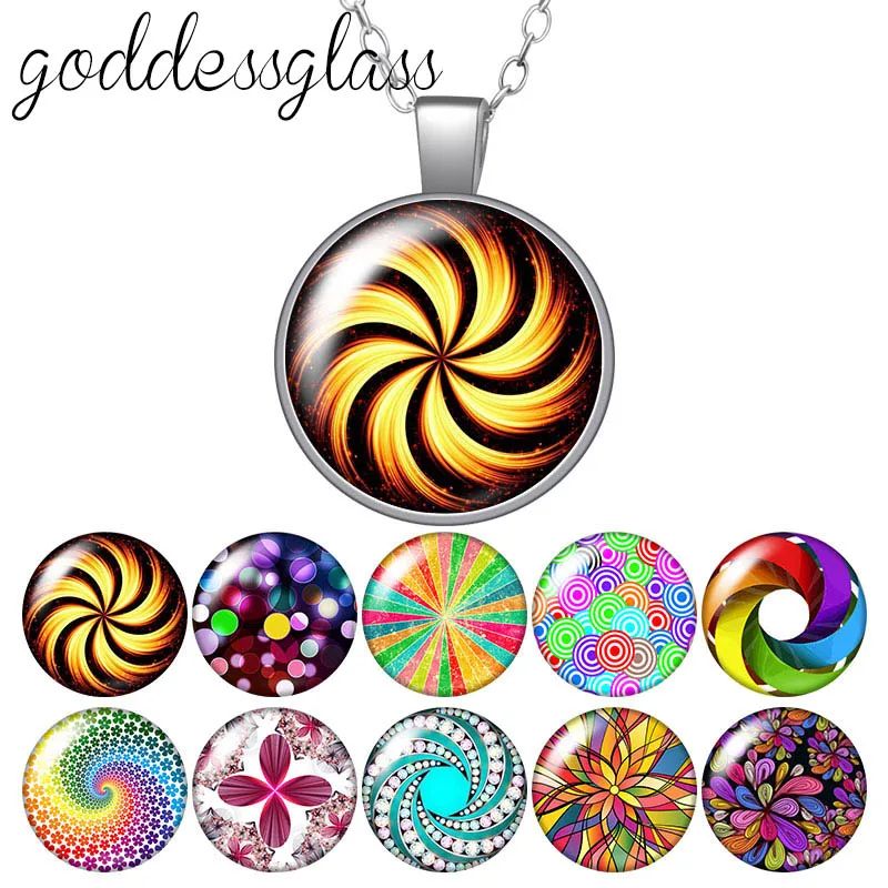 Cabochão De Vidro Banhado A Prata Colar De Pingente, Girando Colorido, Irradia Padrões, Flores Bolhas, Foto Redonda, Presente Da Jóia