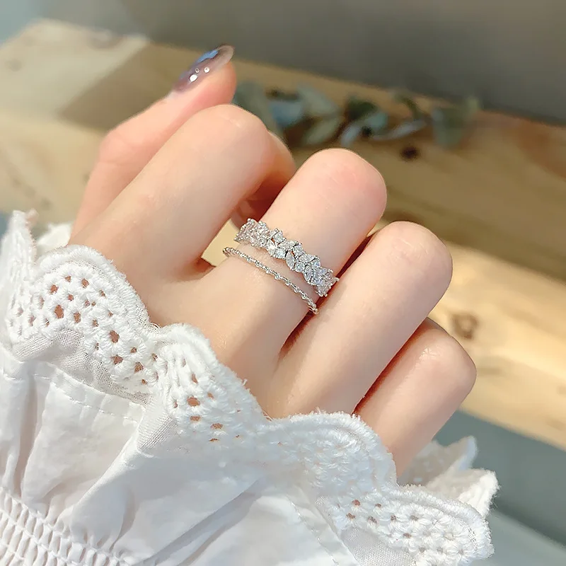 925 Sterling Silver Zircon Double-Deck Wide Open Adjustable Ring Korea INS Style Woman Fine Party Jewelry Gift