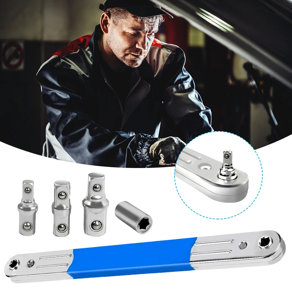 Ratchet Spanner & 1/2 1/4 3/8inch Adapters Offset Ratchet Spanner Socket Wrench Tool for Cramped Areas & Hard-to-Reach Fasteners
