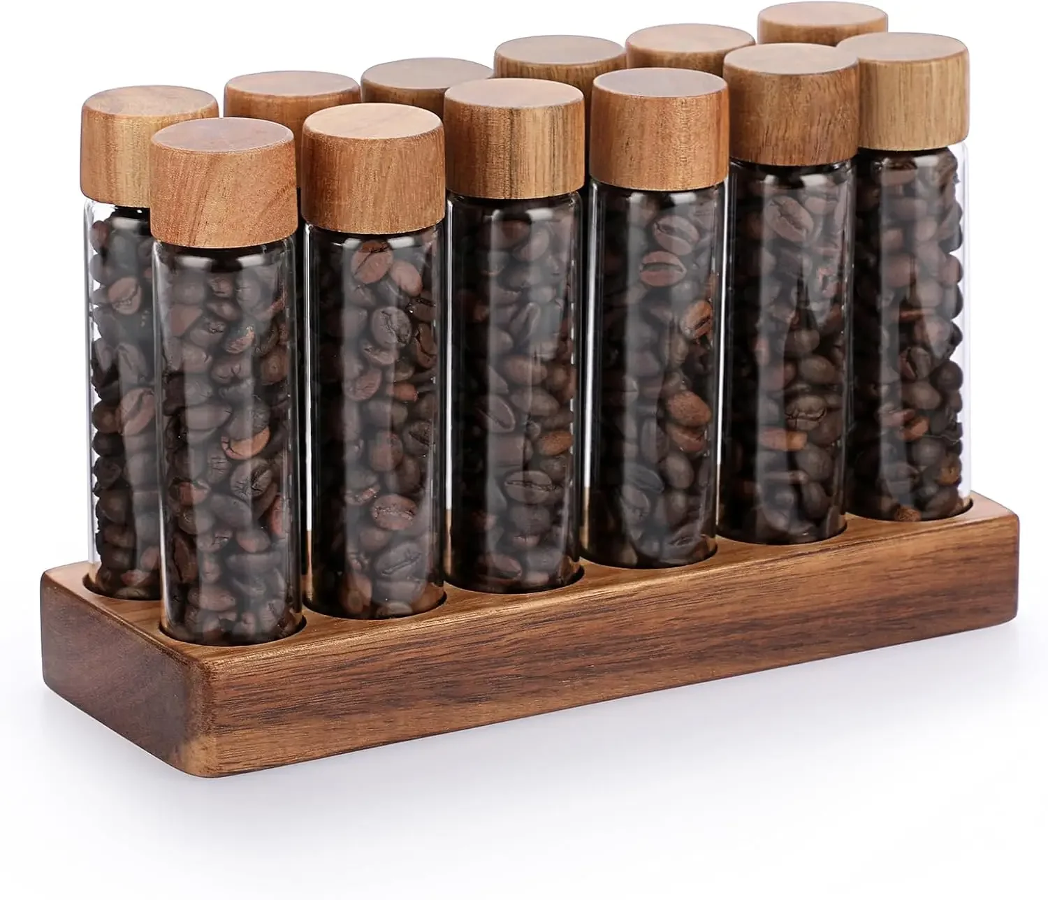 

Coffee Bean Storage Containers (12 Tubes) with Wooden Holder, 2oz Measuring Vial | Airtight Coffee Canisters Set, Barista Access