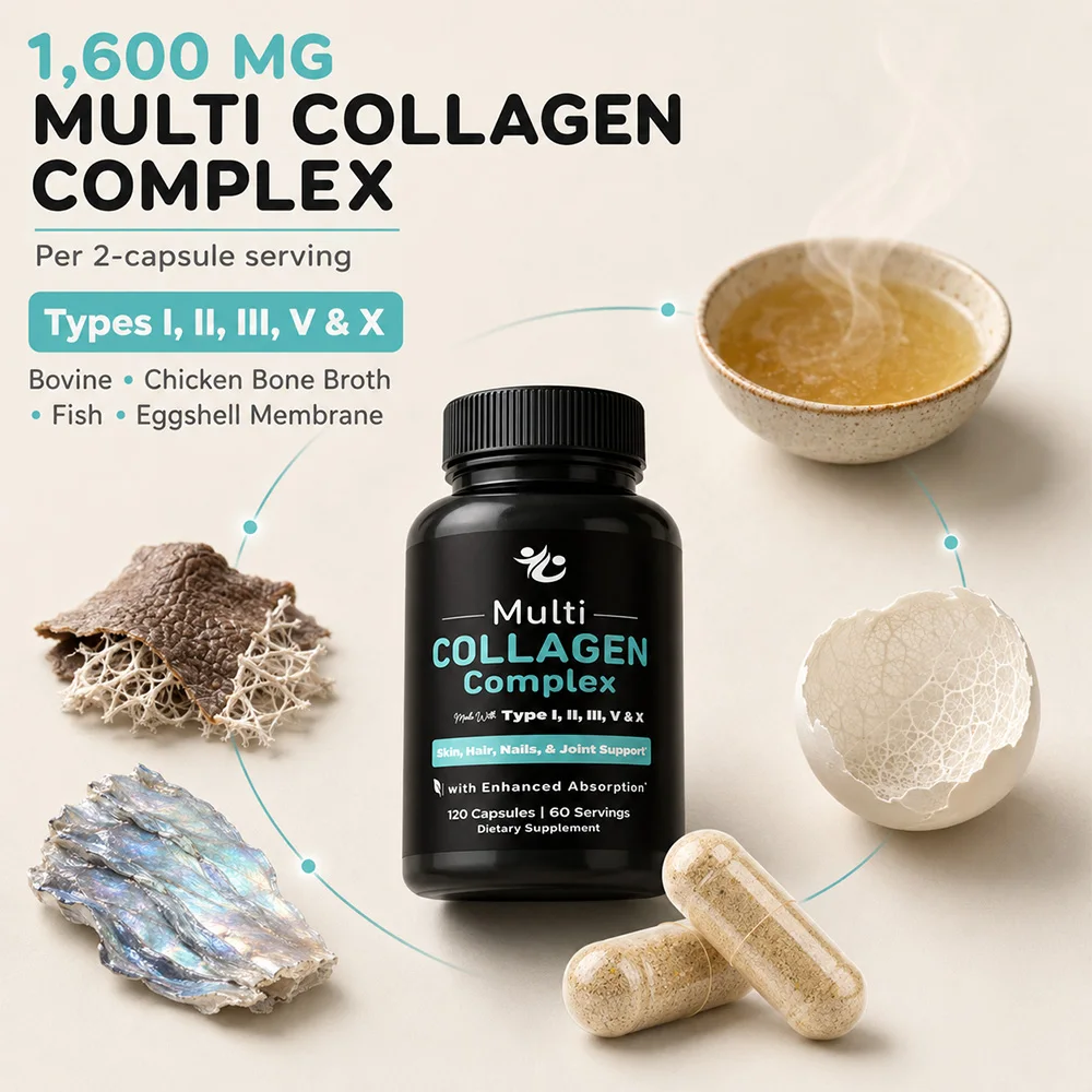 Multi Collagen Peptides Complex for Women & Men, Supports Skin, Hair & Nails, 5 Collagen Types I II III V & X, Non-GMO Collagen