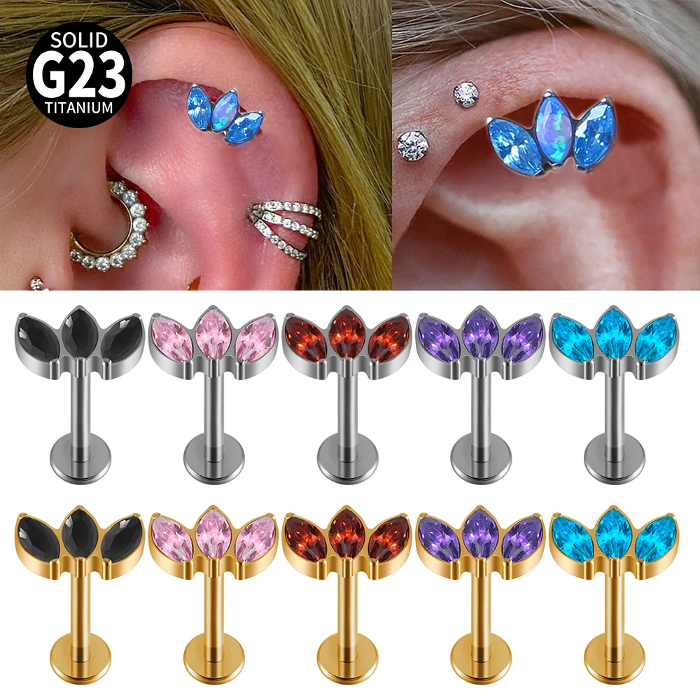 1/2/5PCS Implant Grade Titanium Marquise CZ Zircon Cartilage Earring Studs Piercing Internally Thread Labret Ear Tragus Jewelry