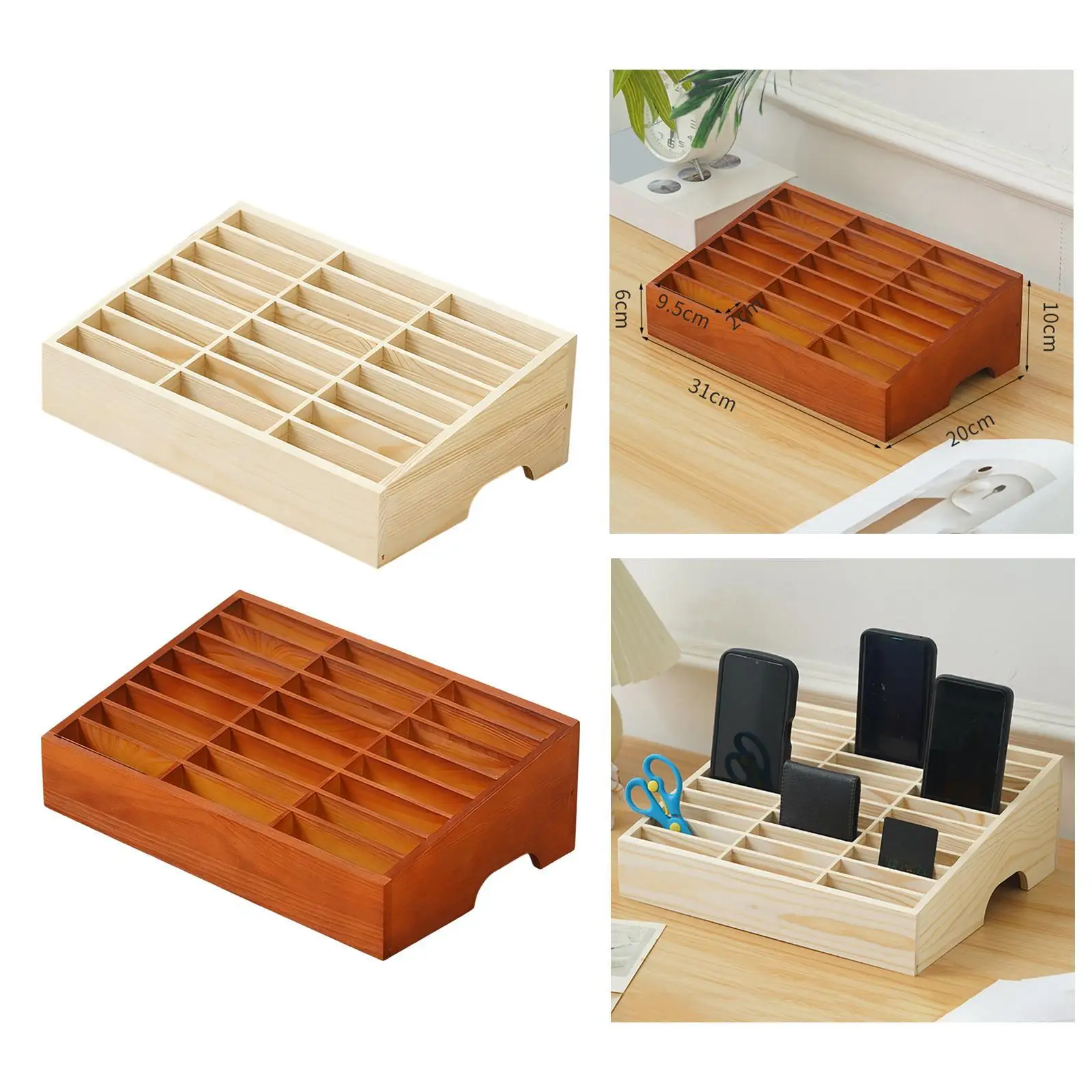 

Phone Storage Box Mobile Phone Management 24 Grid Decorative Phones Holder Wooden Save Space Desktop Organizer for Classroom