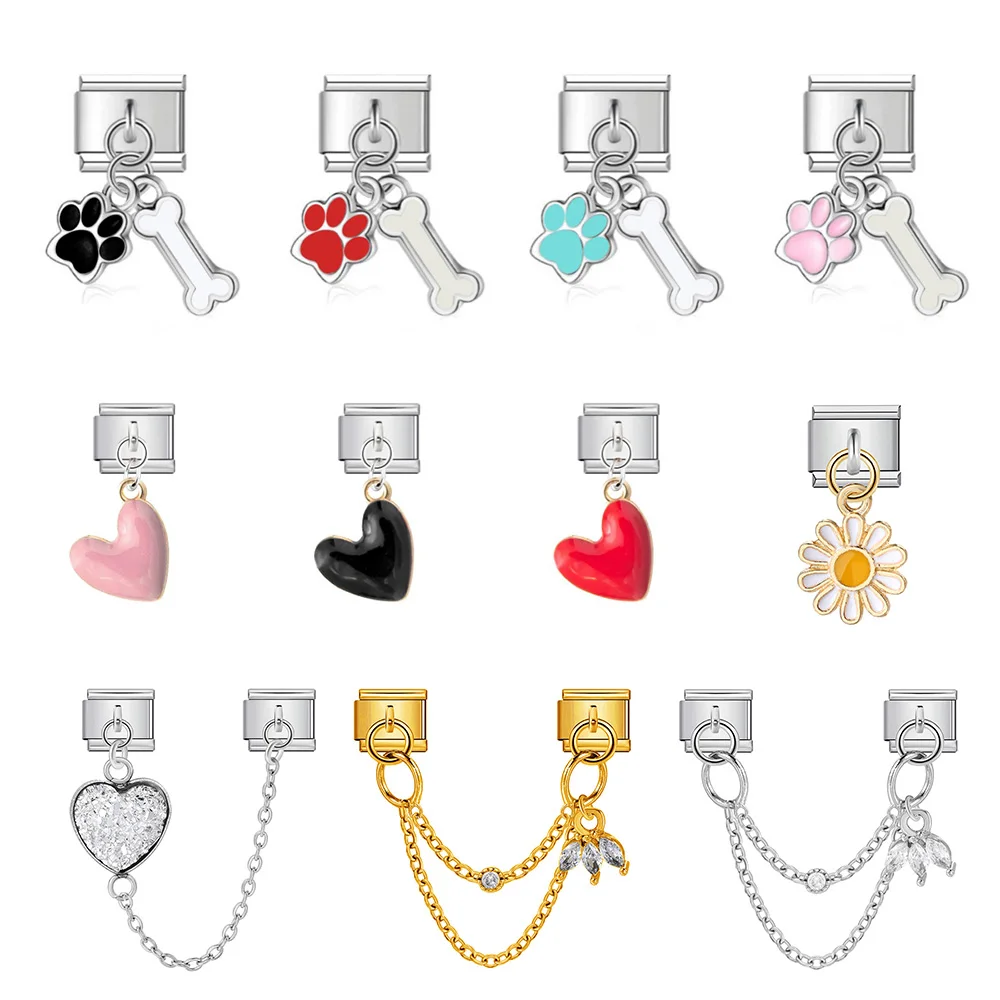 Original Herz-Katzenpfoten-Doppelkette mit Kristall, modischer italienischer Charm-Glieder, passend für 9 mm Edelstahl-Armbänder, DIY-Schmuck – Detail 1
