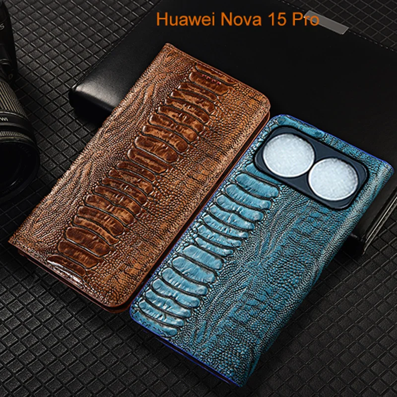 

Ostrich Pattern Genuine Leather Flip Case For Huawei Nova 14i 15 Pro Ultra Phone Cover Card Cases Scratch Proof