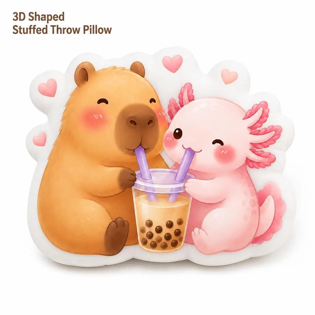 Capybara And Axolotl Sharing Bubble Tea Plush Pillow Cushion Irregular Stuffed Throw Pillow Home Decor Gift Sofa Bed Home