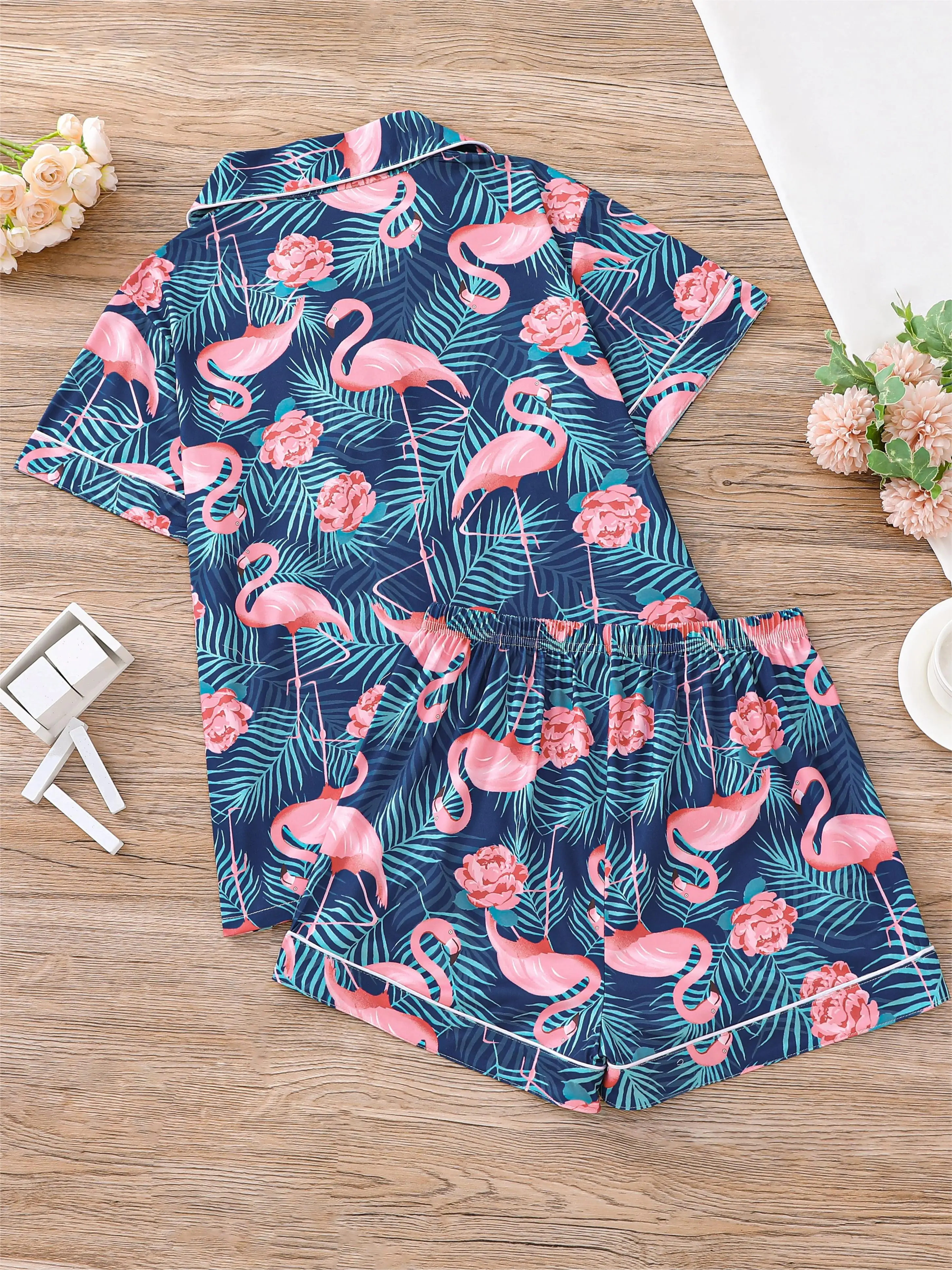 Tropical Plant And Flamingo Print Shirt Collar Short Sleeve Top And Loose Shorts Pajama Set