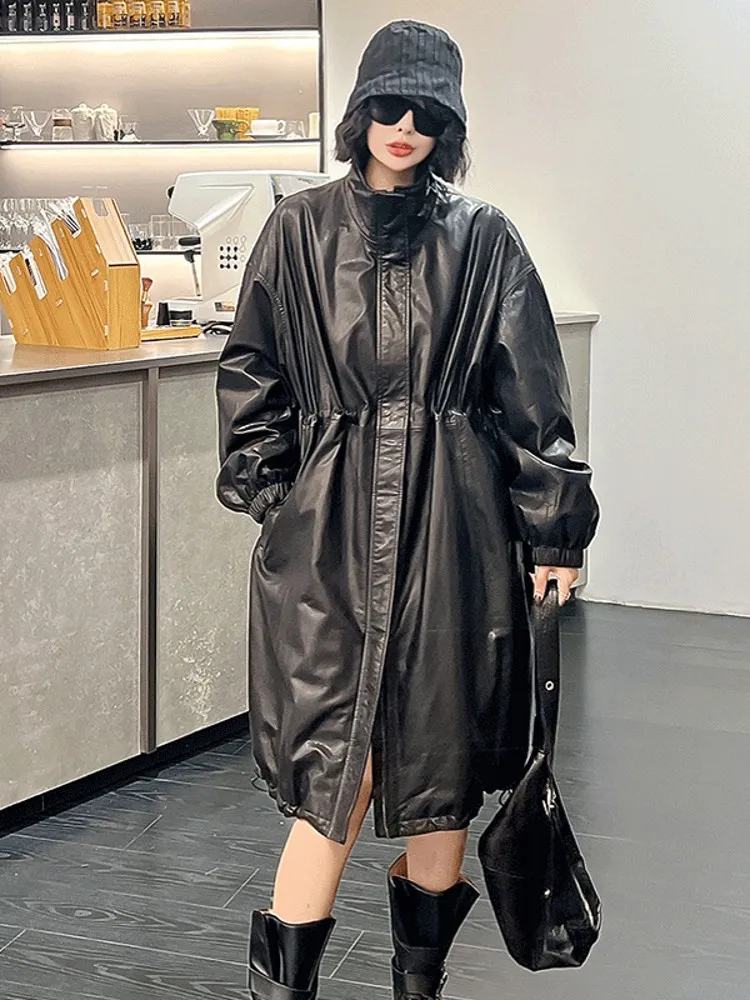 Vintage المرأة الشتاء جلد البقر جلد طبيعي أسفل سترة سميكة الدافئة طويلة خندق معطف فضفاض صالح سترة واقية معطف المتضخم