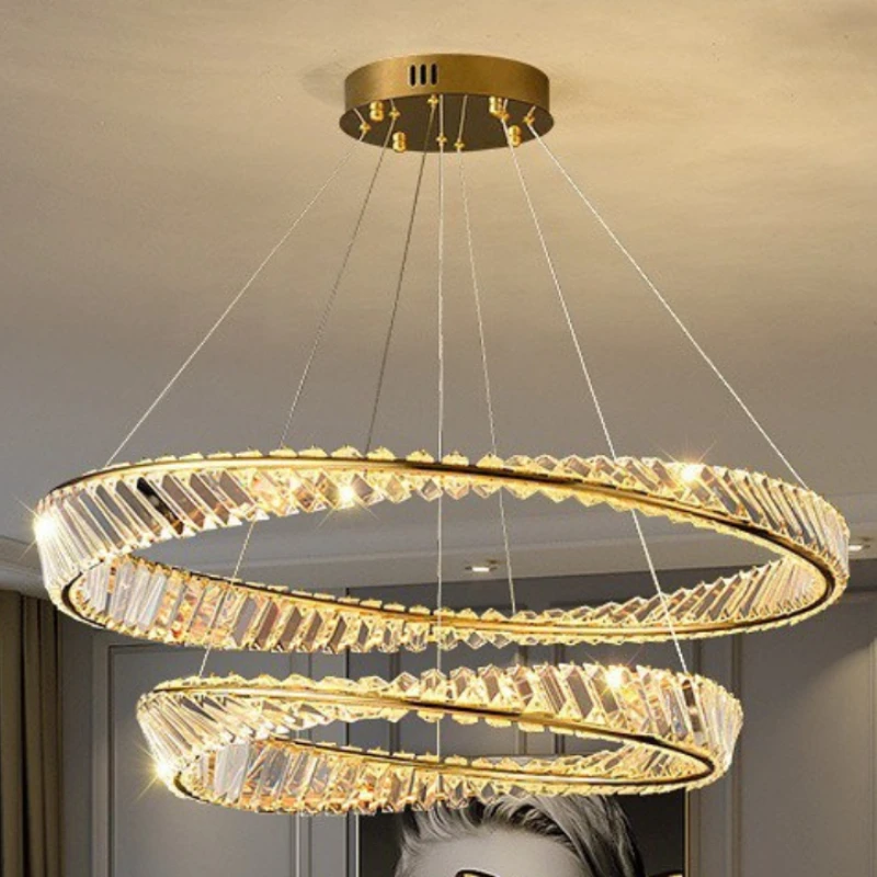 French Light Luxury Crystal Pendant Light for Living Room Villa Interior Circular Disk Hanging Chandeliers Ornaments Sling Chain