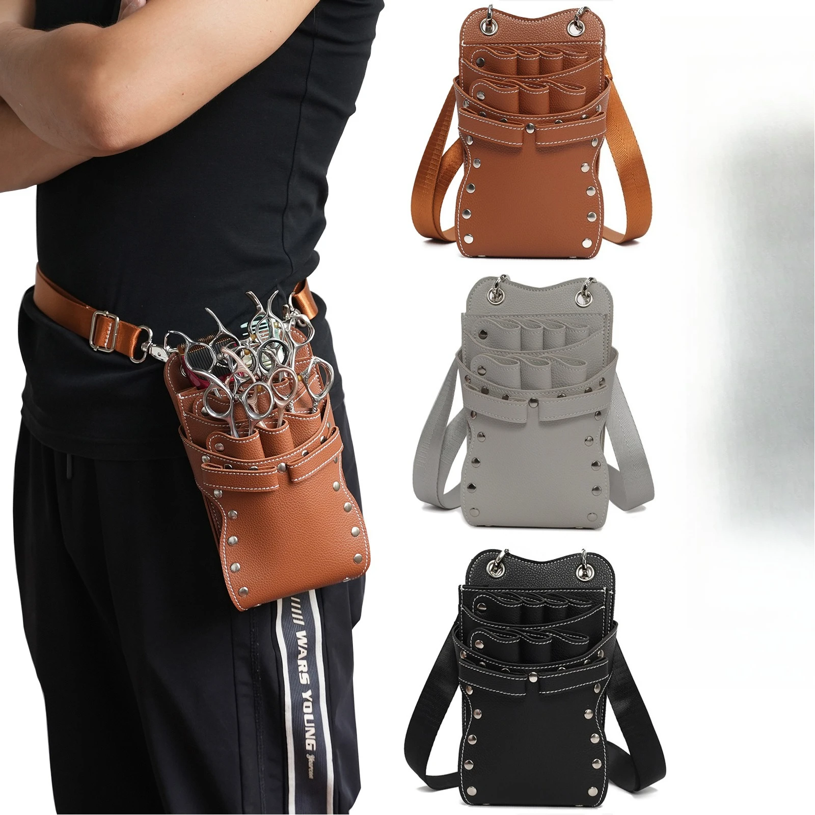 

PU leather hairdressing scissors bag - hairdresser's waist bag with side carrying for tool storage - hairdressing bag