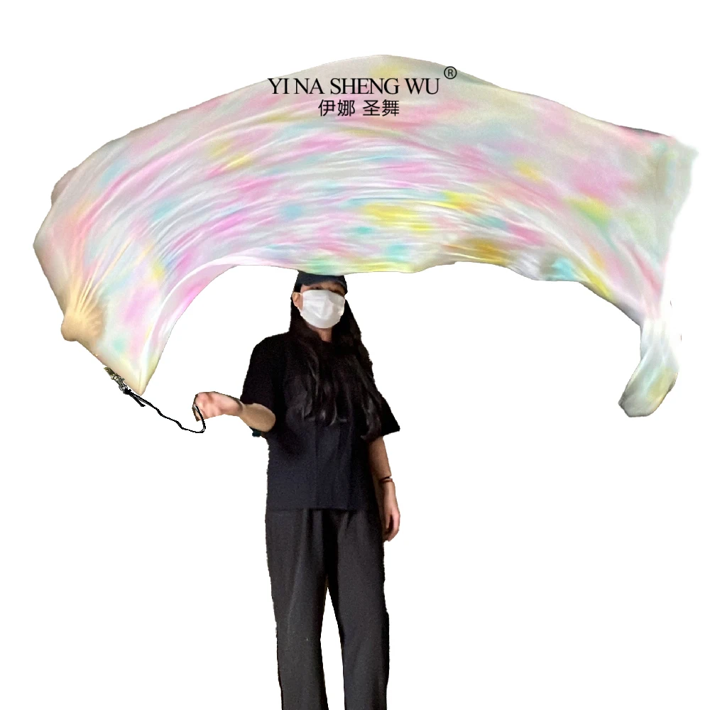 100% Real Silk Fan Veils for Belly Dance Flag Folding Silk Fan Chinese Gradient Hand Made Dyed Fan Tie-dye ColorRope Throw