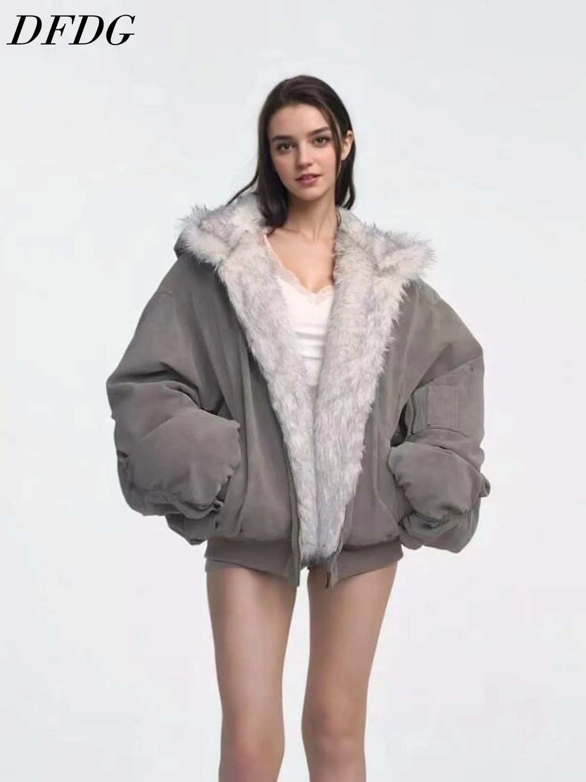 DFDG Women 2026 Faux Fur Lined Hooded Bomber Jacket Oversized Loose Big Fur Hood Warm Casual Winter Street Trend Outerwear Fur