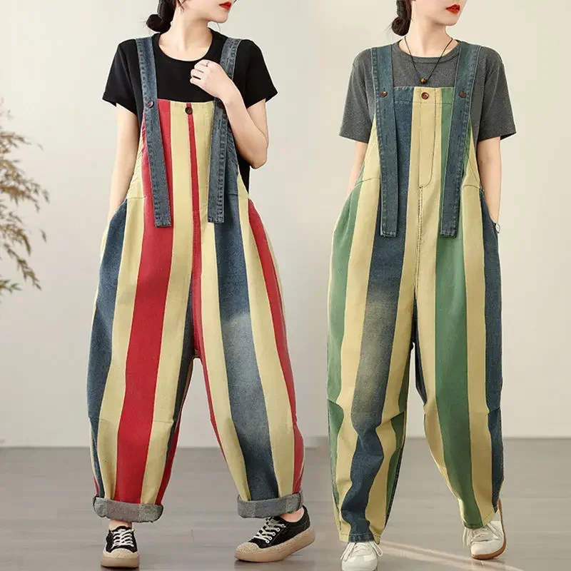 Spring and Summer New Women's Overalls Loose Commuting Printed Striped Jumpsuit