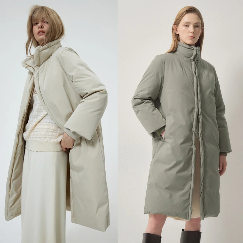 

Теплая простая женская куртка из гусиного пуха с длинными рукавами, на молнии спереди, с воротником-стойкой, двойной молнией и двумя цветами, для холодной погоды