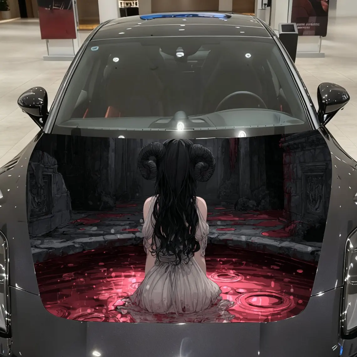 ملصقات غطاء السيارة بنمط فتاة ذات قرون داكن، مقاومة للماء ذاتية اللصق، مقاومة للخدش، سهلة اللصق، ملصقات متينة للسيارة من مادة PVC