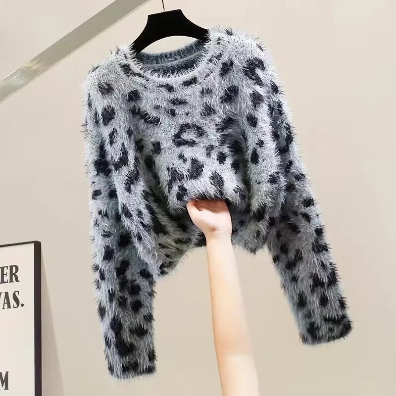 Jumper curto de malha de veludo feminino, vison imitador, estampa de leopardo, tops casuais, vento preguiçoso, novo, 2022