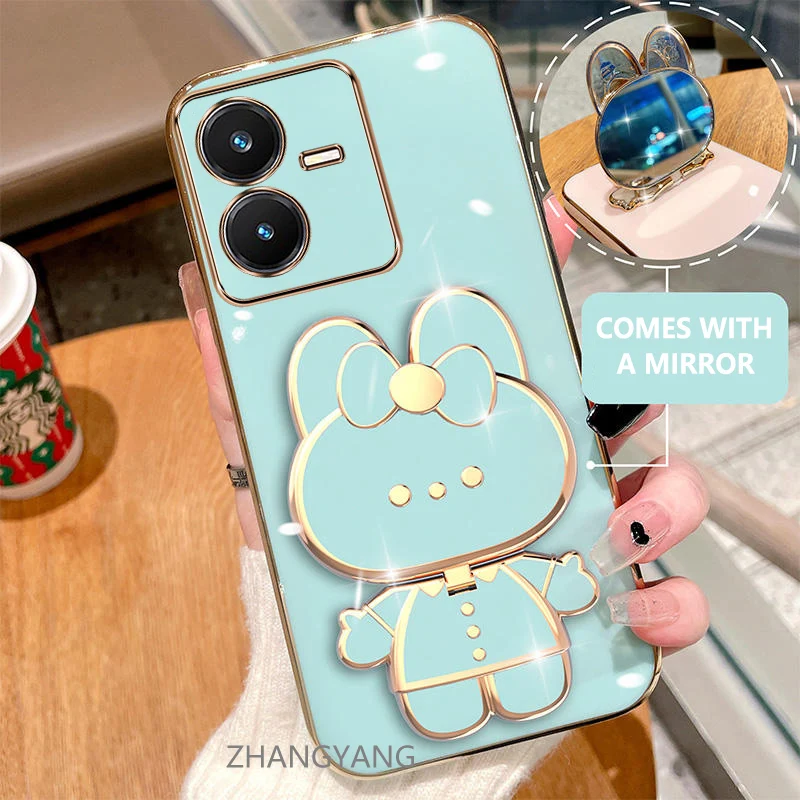 

Case For vivo Y22S Y22 Electroplated straight edge silicone phone case cute 3D rabbit with built-in mirror for anti drop