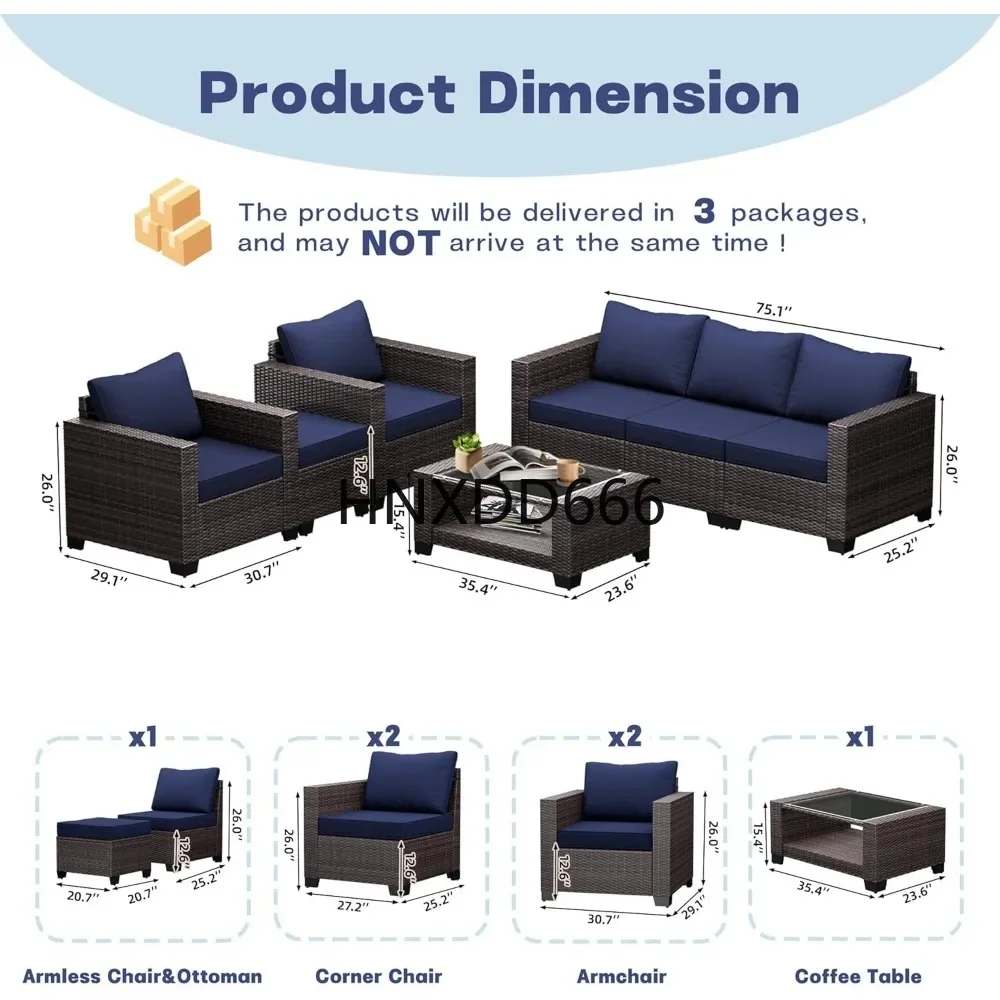 7 Piece, Outdoor Sectional Furniture, Rattan Chairs Glass Table Wicker Conversation Seating, Garden Furniture Sets