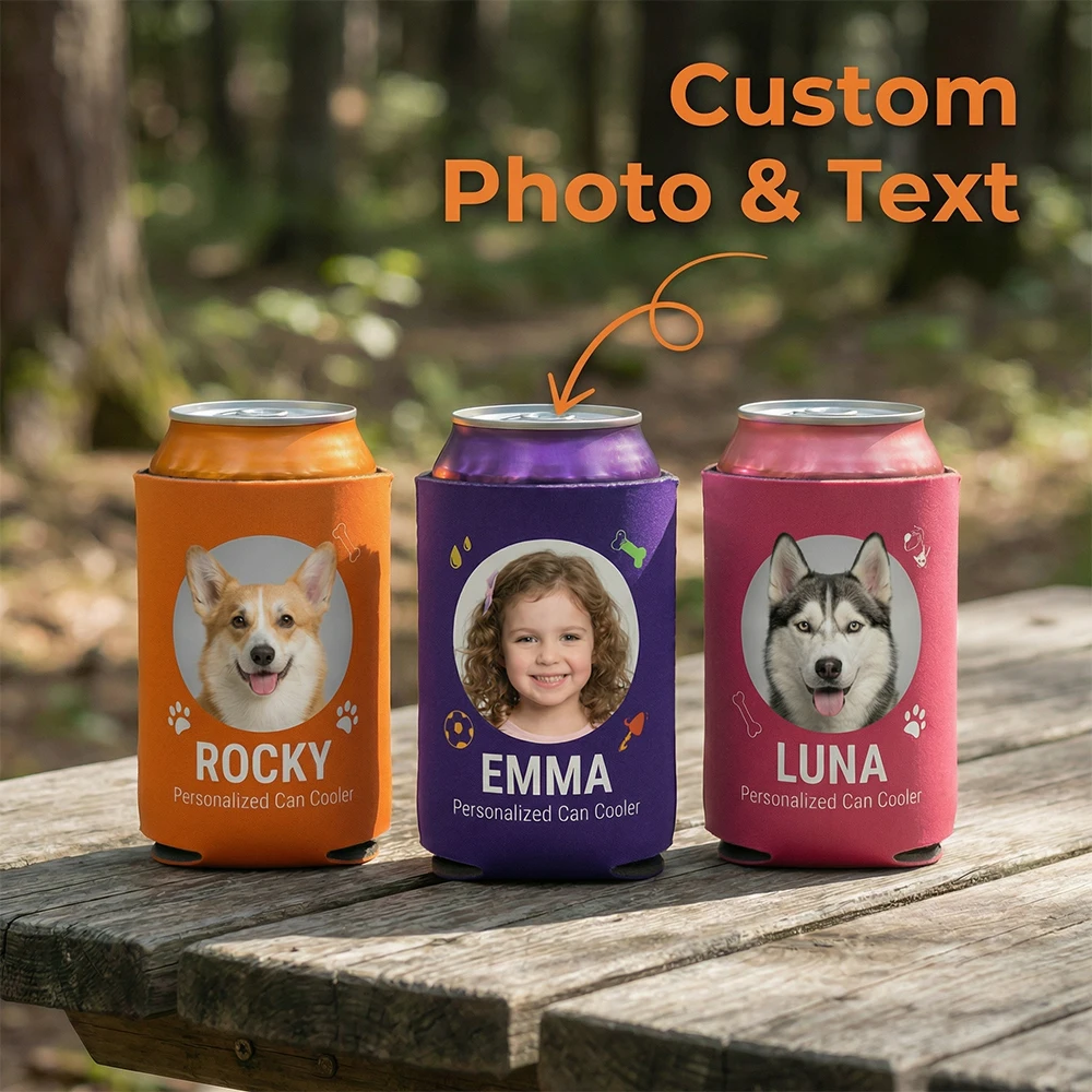 Custom Photo Neoprene Can Cooler,Personalized Name Drink Insulator,Pet Owner,Camping Lover,Daily Use,Pet Memorial,Birthday Party