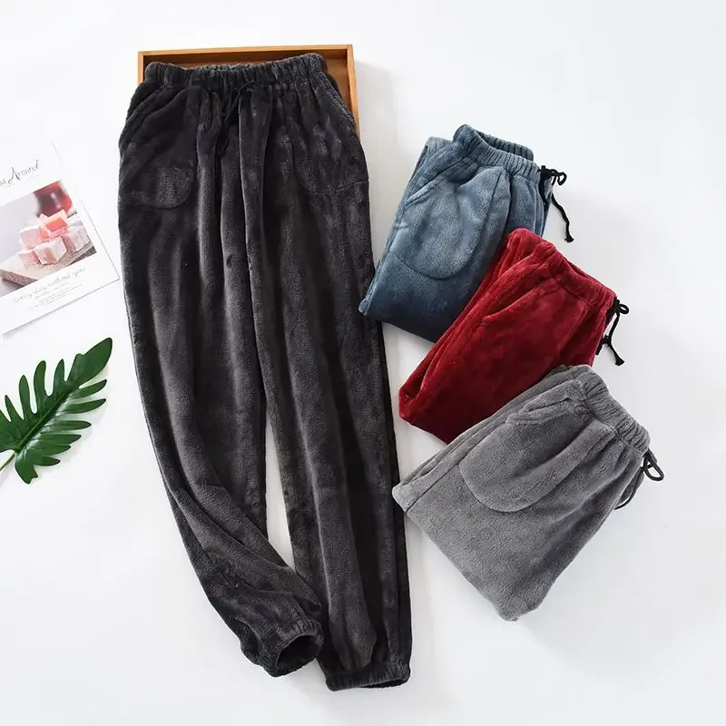 Pantalones de pijama de franela de doble cara para hombre, terciopelo suelto, se puede usar fuera del tobillo, tipo grueso, Invierno