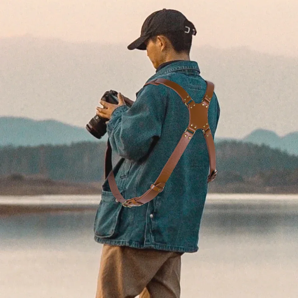 Universal Dual Camera Leather Strap Double Cameras Washable Harness Adjustable Carry Shoulder Straps For DSLR/SLR Cam Accessorie