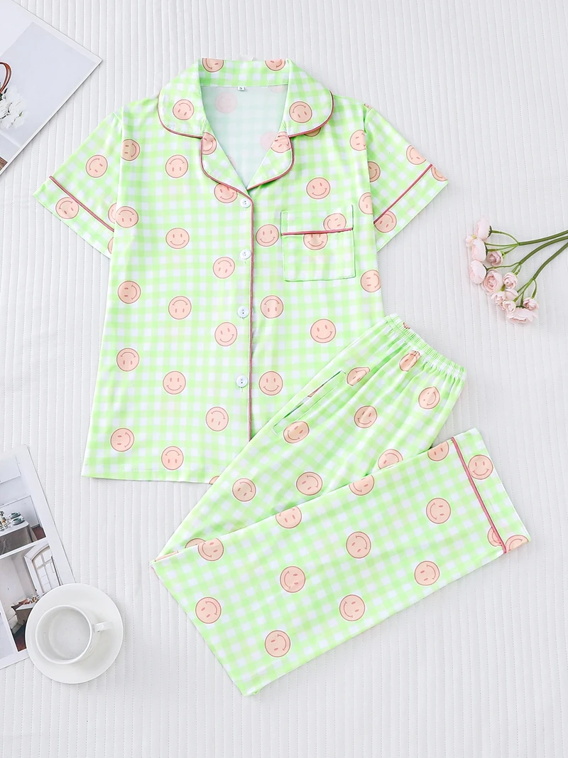 

Smiling Face Print Pajama Set Cozy Soft Touch Breathable Fabric Short-Sleeve 1 Pocket Lapel Top And Pant Fit Sleepwear Home Wear