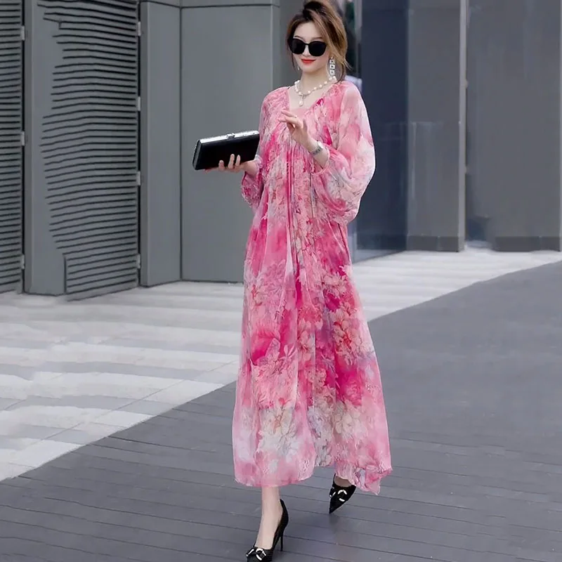 Chiffon Long Sleeve Floral Print Dresses Bohemian Women 2024New Summer Beach Party Maxi Dress Female Loose Elegant Vestidos Robe