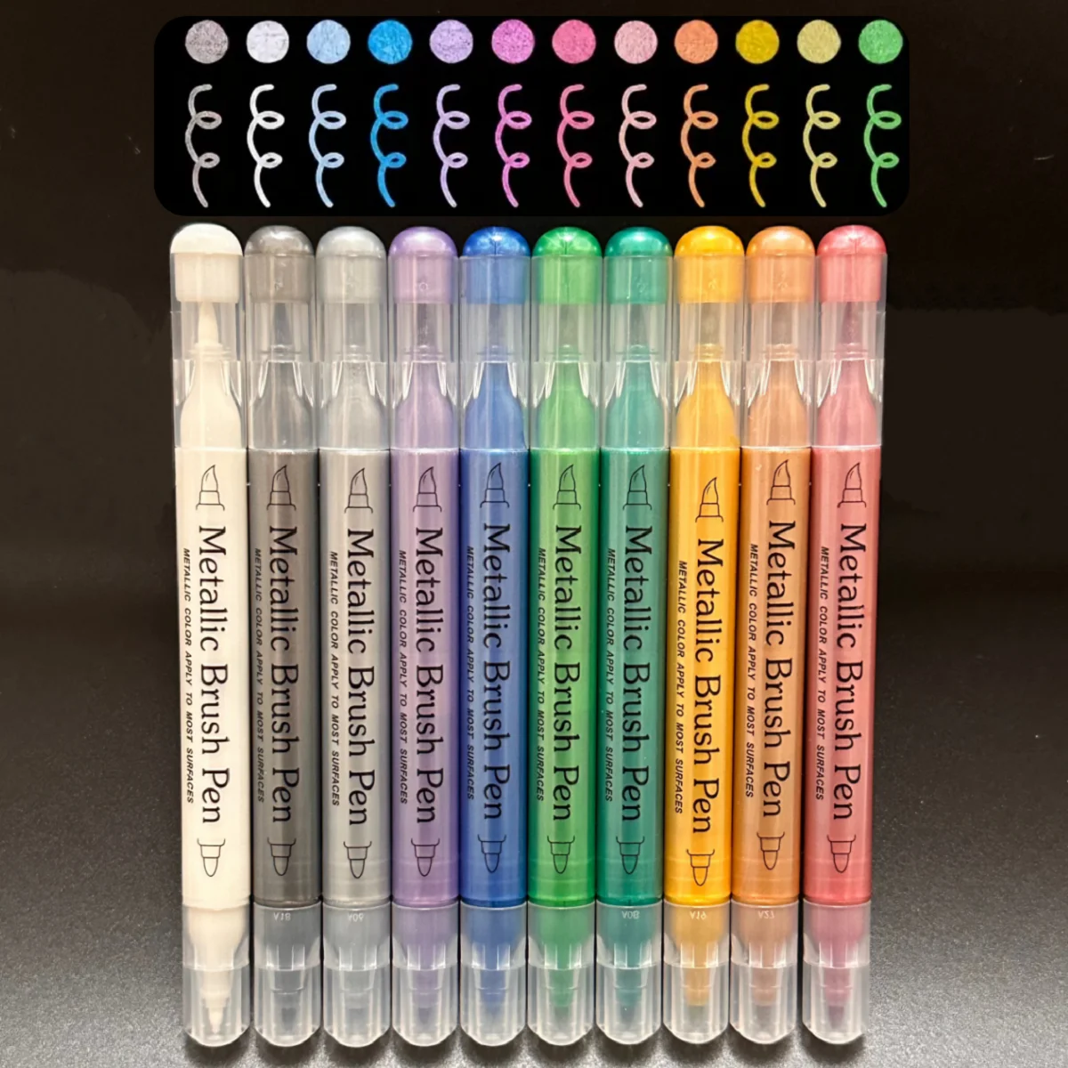 10 Pcs Metallic Dual Tip Brush & Fine Point Markers - No Bleed, Water-Based Ink, Ideal for DIY, Scrapbooking, Glass, Ceramic