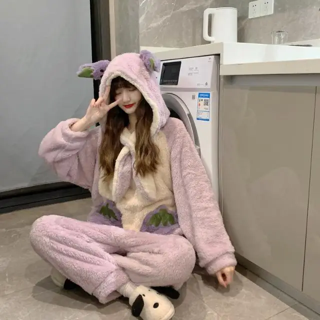 Winter Flannel Sleepwear Jumpsuit Pajama Cute Cartoon Nightwear Thickened Coral Fleece Nightwear Loose Warm Hooded Home Wear