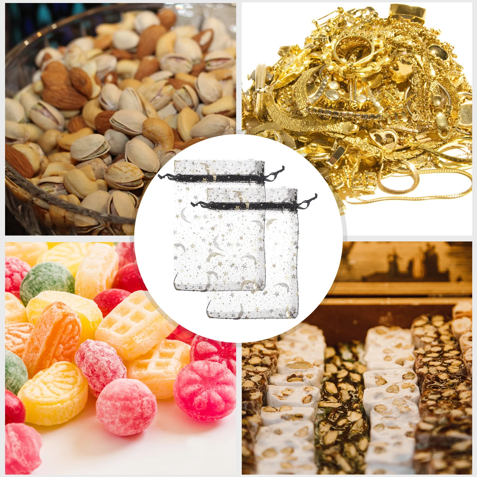 

50 шт., маленькие сумки для хранения ювелирных изделий на шнурке, сетчатые сумки-органайзеры с луной и звездой, подарочные пакеты для конфет, портативная дорожная маленькая сумка-органайзер