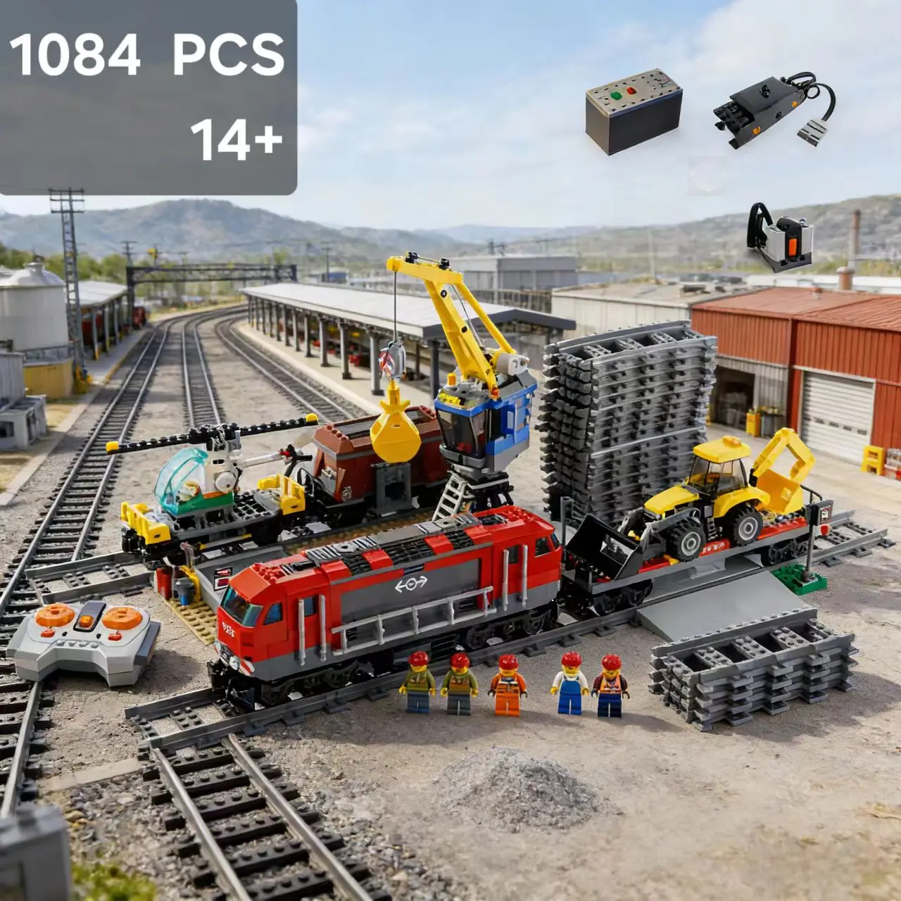 

1033pcs City Heavy-Haul Train Crane Track Helicopter Hopper Backhoe Wagon Engine 02009 Building Block Toys Compatible With Model