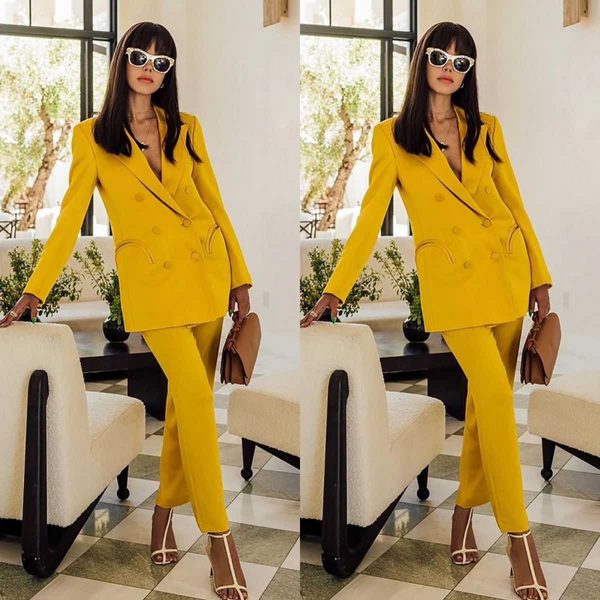 

Simple Slim Fit 2 Pieces Woman Suits Fashion Elegant Double Breasted Jacket Pencil Pant Female Daily Office Lady Casual Sets