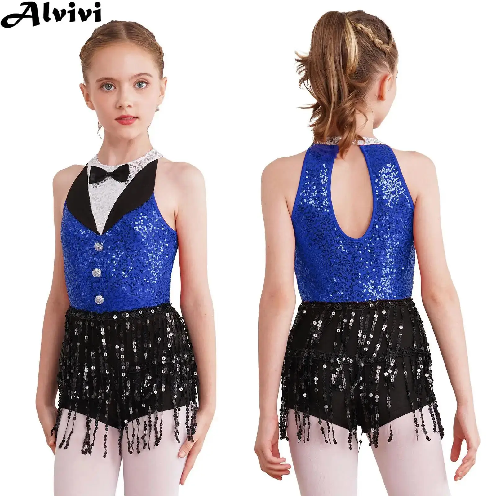 

Teen Girls Latin Jazz Dance Dress Cha-cha Samba Stage Performance Costume Sleeveless Shiny Sequin Tassel Boyshorts Dancewear