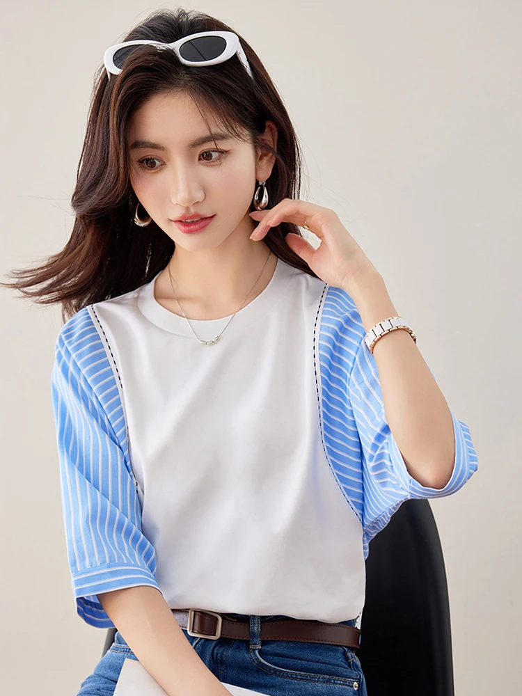 2024 New Women's Summer Contrasting Color Splicing Design T-shirt Fashion Versatile Short Sleeved Loose T-shirt Tops