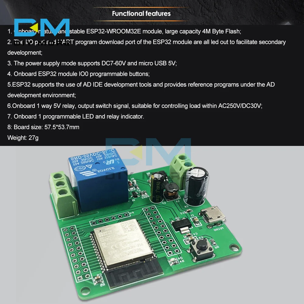 ESP32-WROOM-32E Development Board 1 Channel Relay Module DC 7-60V Micro USB 5V Output Switch Signal 4M Byte Flash