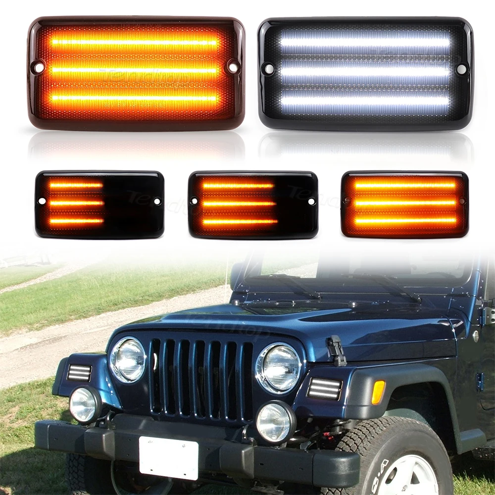 Dynamic LED Fender Side Marker Lights Bumper Turn Signal Lamps Kits Smoked Lens Fit 1997-2006 Wrangler TJ