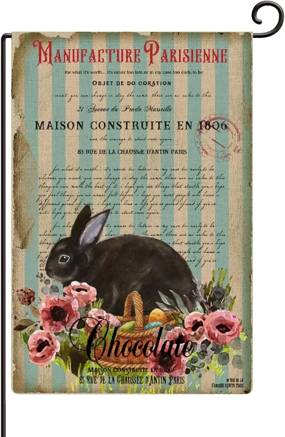 Retro Blue Stripes Easter Egg Basket Rabbit Flowers Garden Flag 12x18 Double Sided Funny Spring Easter Yard Flags Burlap Far yyi