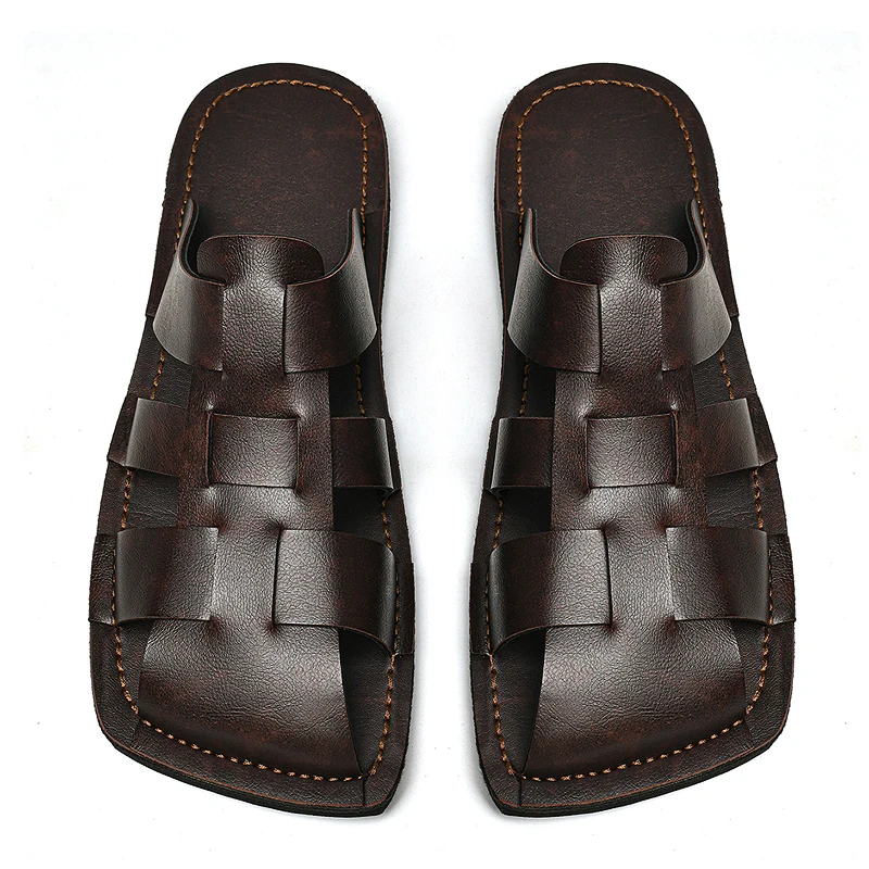 Big Size 48 Slides Sandals Handmade Closed Toe Slippers Slip-on Mules for Man Brown Leather Flat Sneakers Backless Casual Shoes