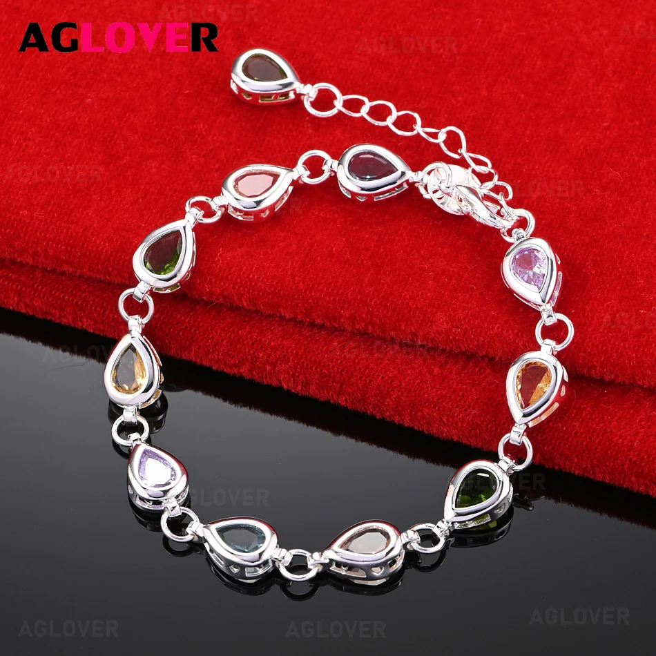 

AGLOVER 925 Sterling Silver Water Drop Inlaid Colorful Zircon Bracelet Women Charm Fashion Party Jewelry