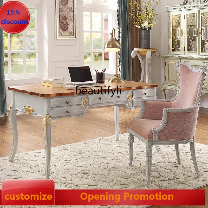 

Retro Idyllic French Solid Wood Desk Leisure Chair Solid Wood High-End Study American Furniture G1218