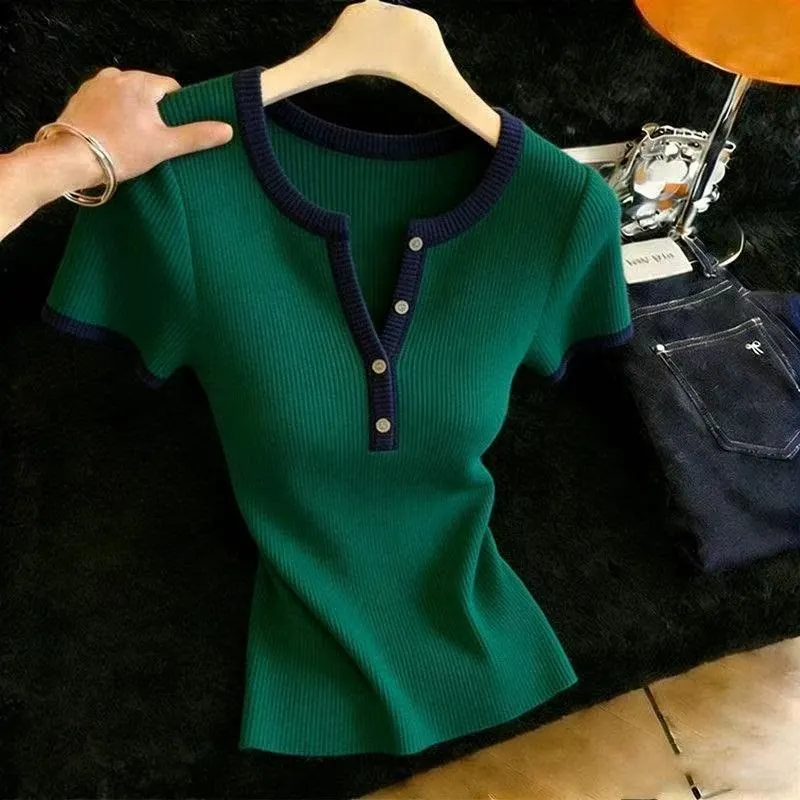 Knitted Sweater Women Pullovers New Summer Slim Short Sleeve Sweaters Knit Sweater Pullover Women Tops O-Neck Knitwears Q3756
