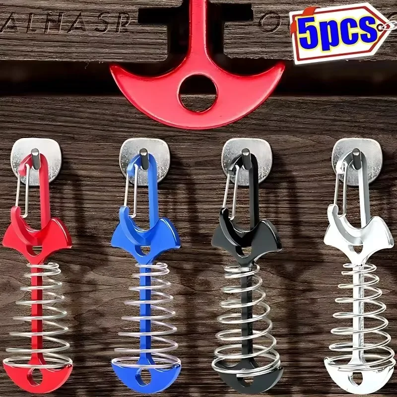 Fishbone Deck Anchor Pegs Tent Stakes Spring Wind Rope Buckle with Carabine Camping Awning Anchor Tent Hooks Fixed Nail Deck Peg