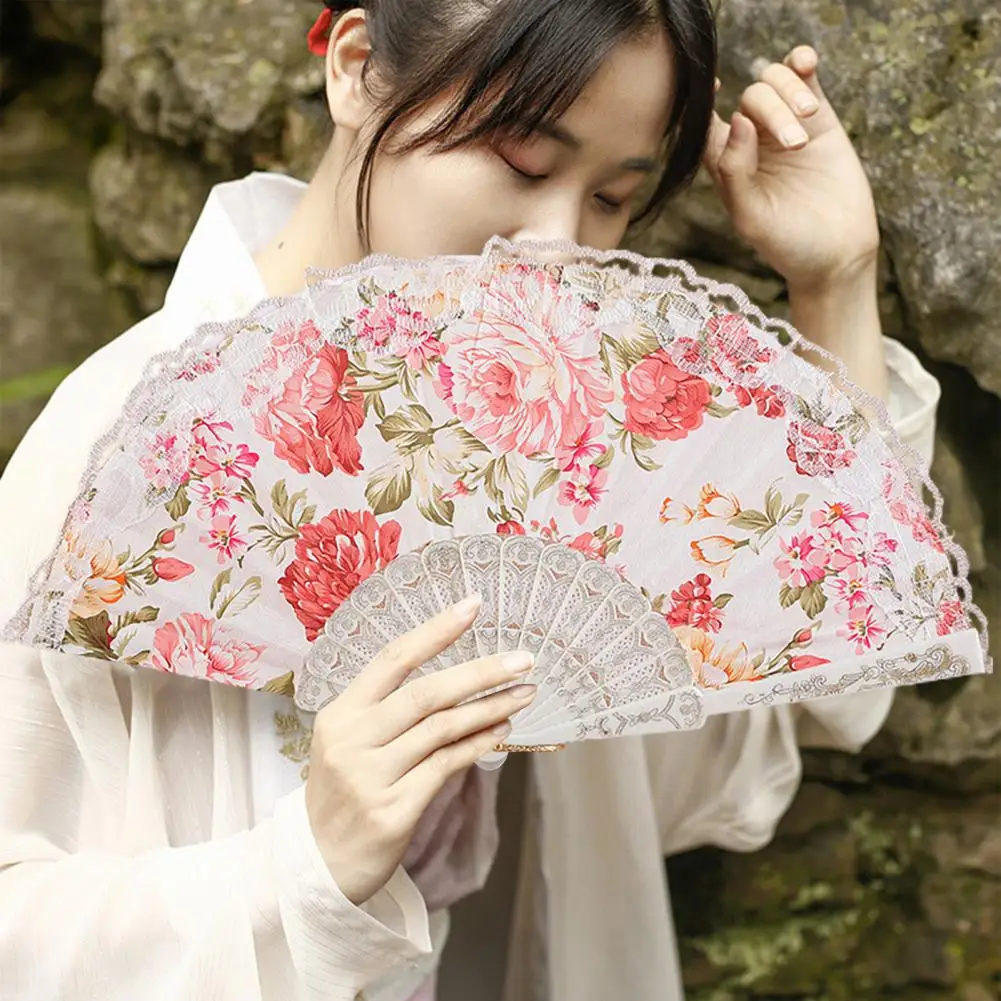 Vintage Lace Folding Fan PP Peony Flower Pattern Portable Handheld Chinese Dance Fan Summer Hand For Dance Photography And Event